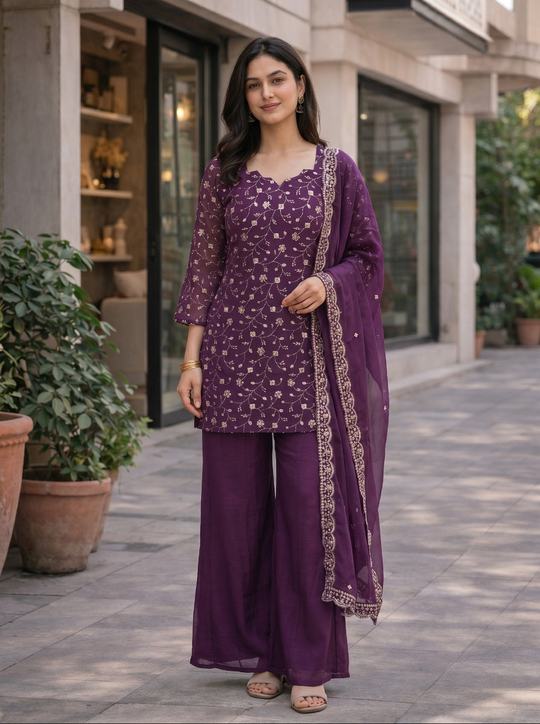 Purple Embroidered Crunchy Silk Kurta Set with Dupatta | Elegant Festive & Wedding Wear for Women