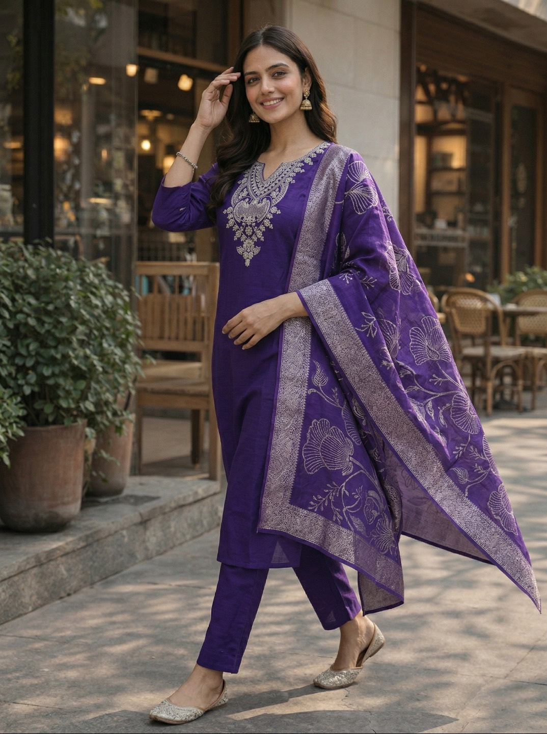 Royal Purple Festive Kurta Set – Full Length View – Zivraa Ethnic Wear