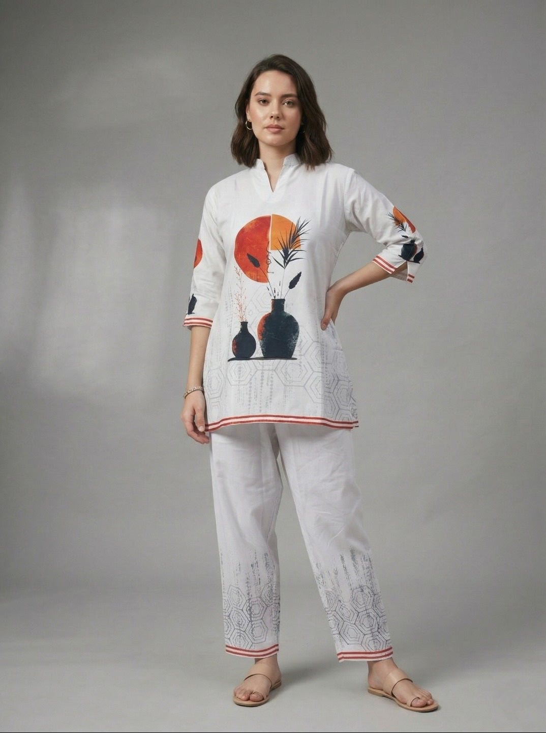 Women White Printed Rayon Slub Co-Ord Set | Casual Ethnic Two Piece Kurta Pant Set for Daily & Office Wear
