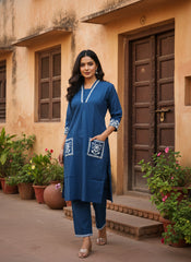 Elegant Navy Blue Cotton 2 Piece Kurta Set for Women with Embroidered Pocket Detail & Straight Pants | Casual, Office & Daily Wear Ethnic Set