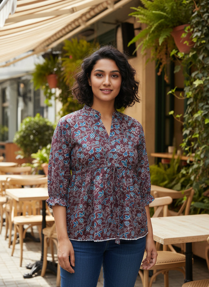 Women’s Maroon Floral Printed Casual Top with 3/4 Sleeves – Stylish Ethnic Office & Daily Wear Top (1 Piece Only)