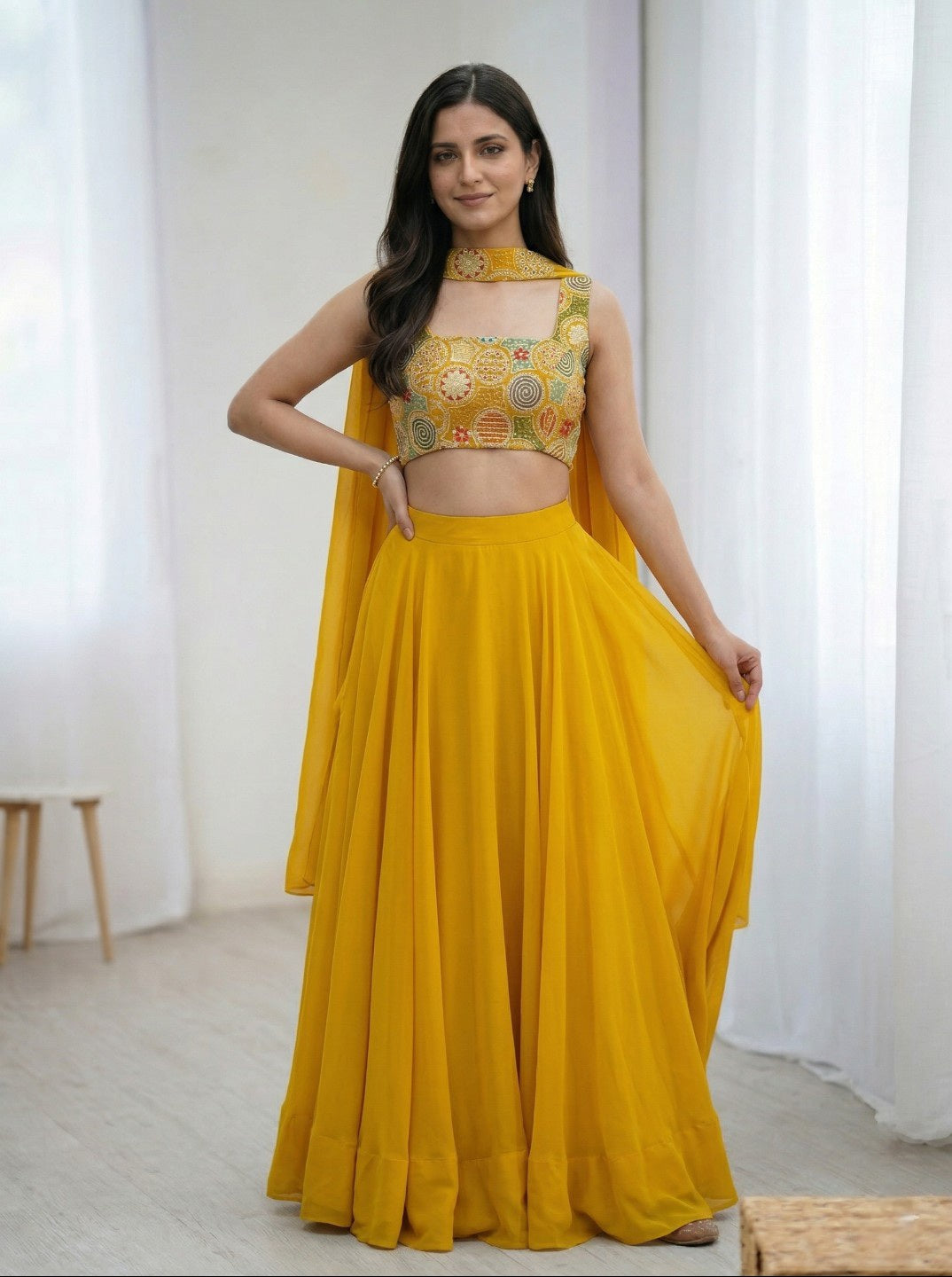 Georgette Lehenga Choli with Embroidered Blouse & Dupatta | Festive & Haldi Special Outfit