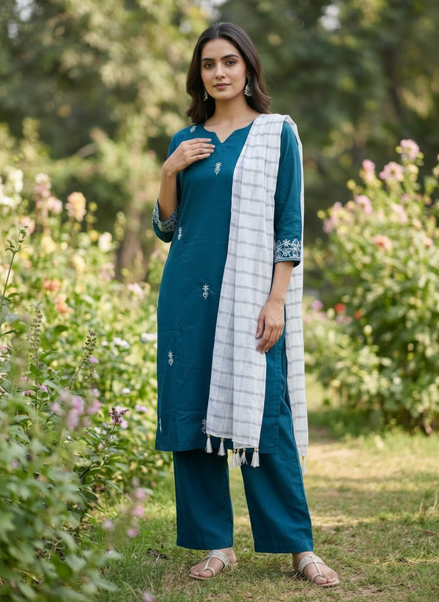 Women’s Teal Embroidered Kurta with Palazzos & Dupatta – Elegant Ethnic Suit Set