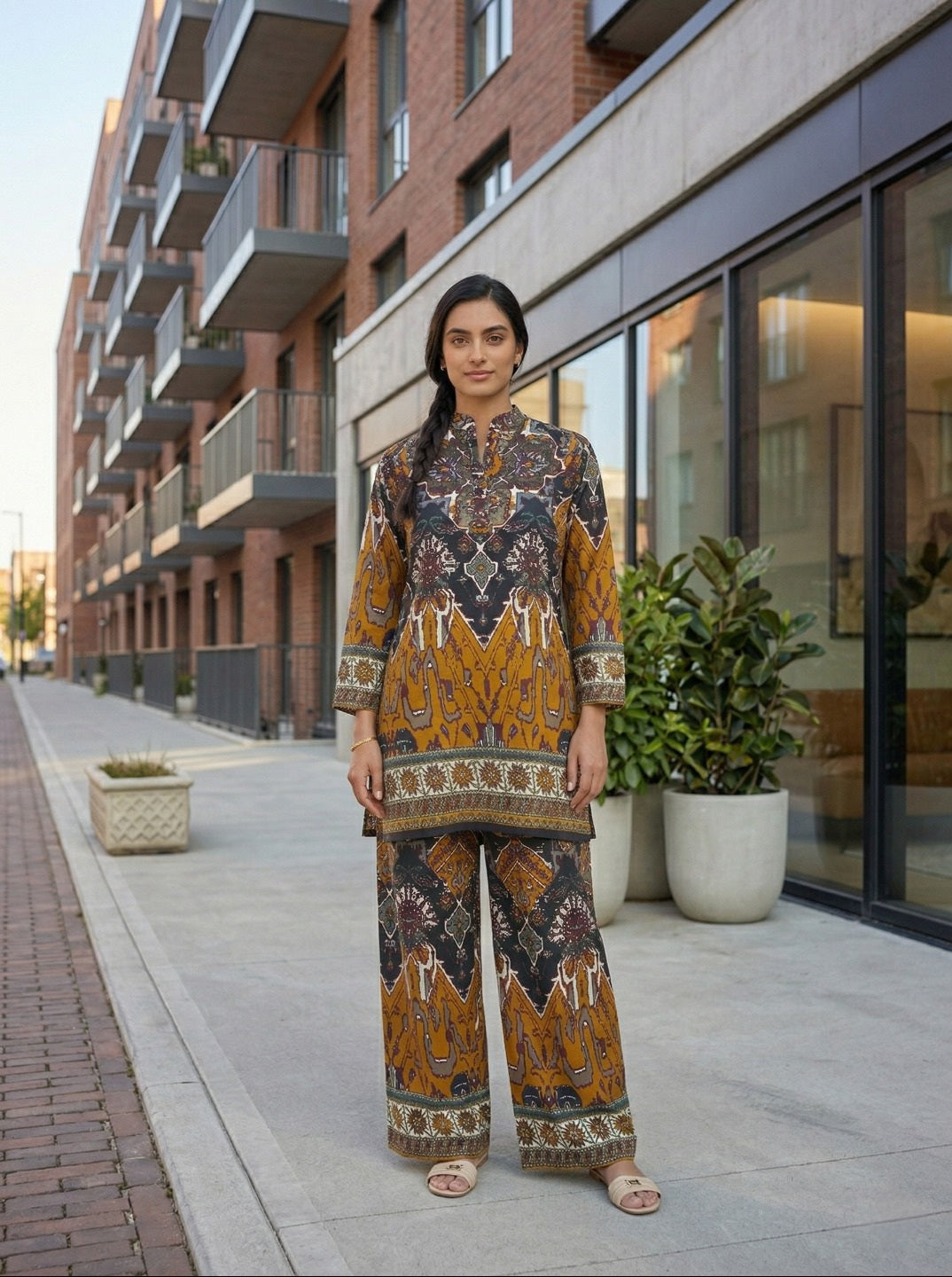 Abstract Printed Co-Ord Set with Mandarin Collar Top and Elasticated Trousers for Casual & Festive Wear