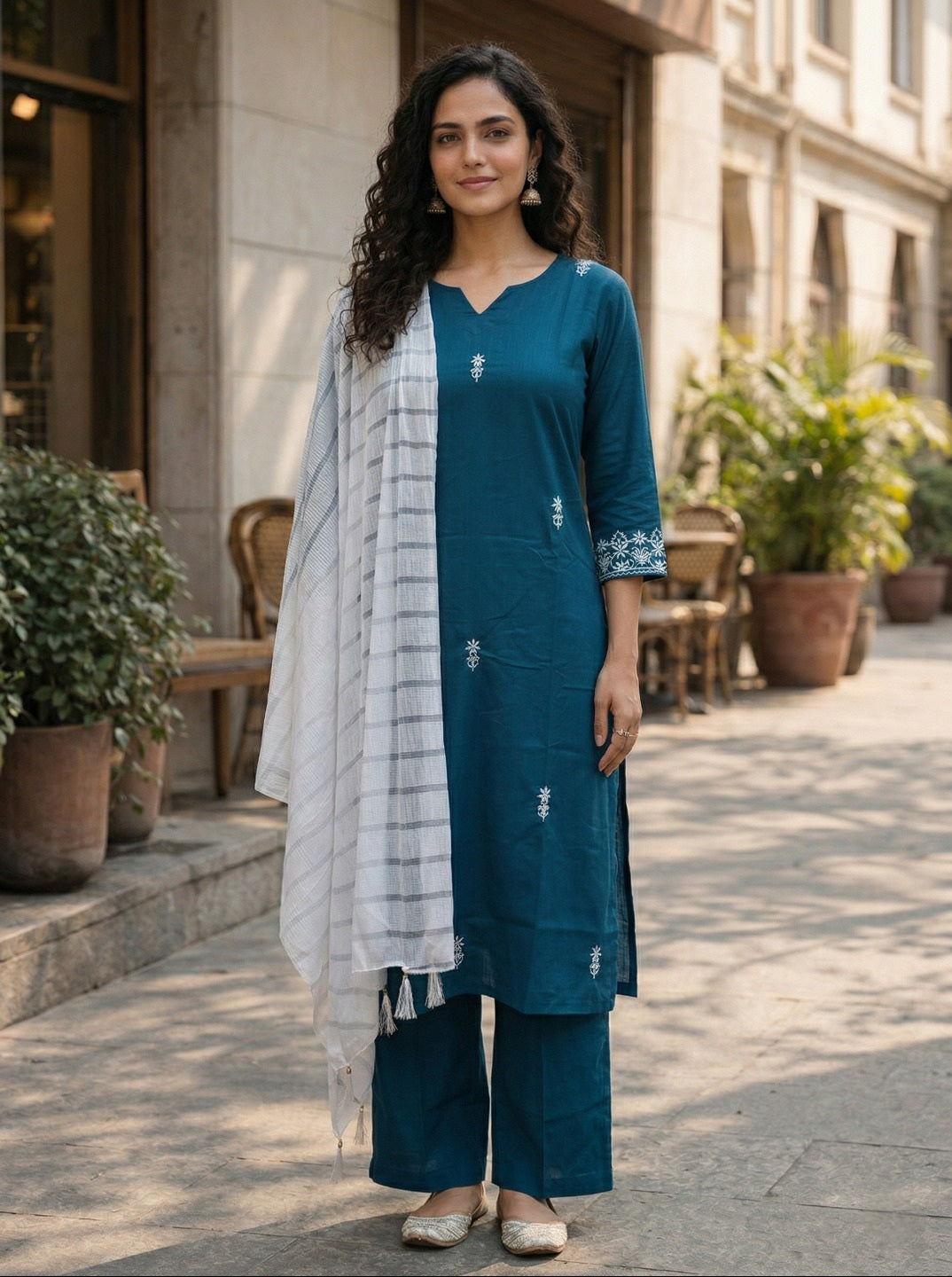Women’s Teal Embroidered Kurta with Palazzos & Dupatta – Elegant Ethnic Suit Set