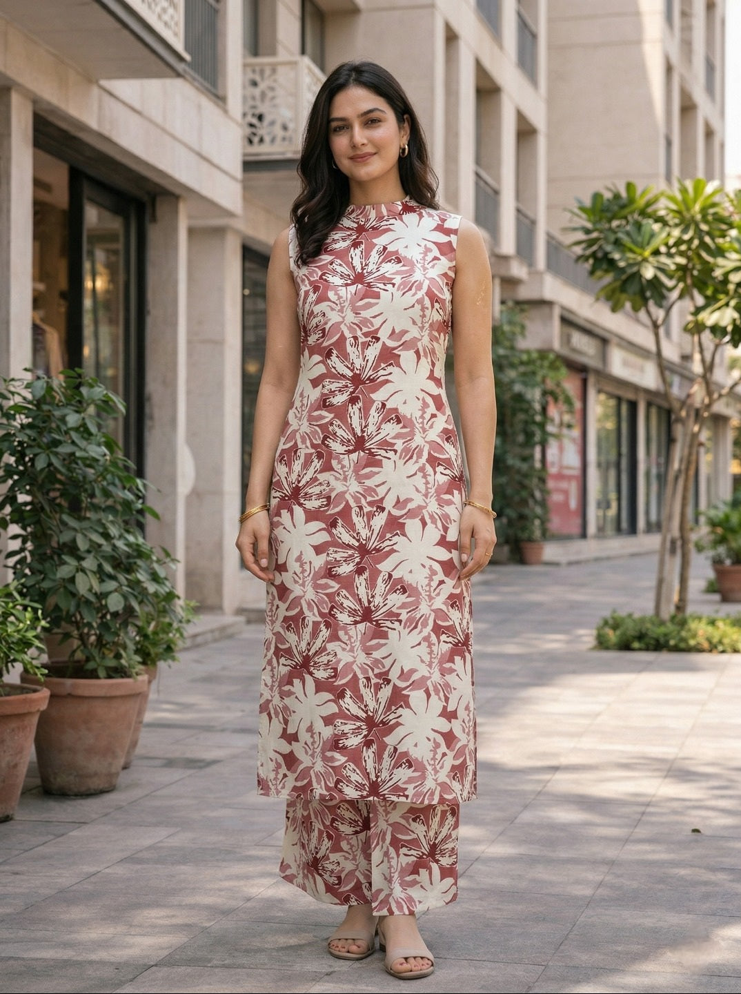 Floral Printed 2-Piece Kurta Set – Sleeveless Straight Kurta with Matching Bottom | Summer Ethnic Wear