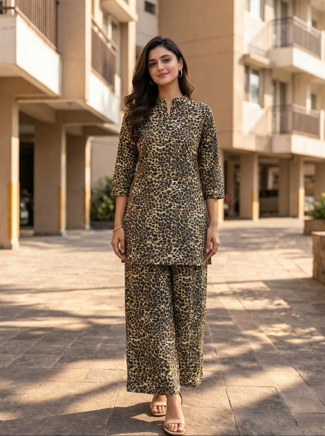 Printed Co-Ord Set with Mandarin Collar Top and Elasticated Trousers – Chic Everyday Statement Outfit
