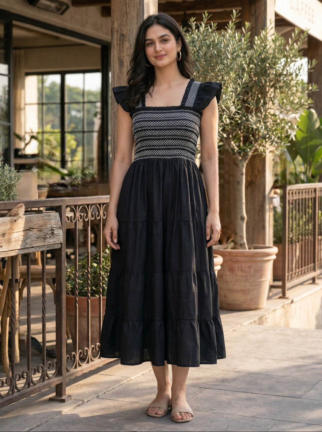 Women’s Smocked Tiered Long Kurta Dress with Ruffle Sleeves – Elegant Flared Ethnic Casual & Summer Wear Kurta.
