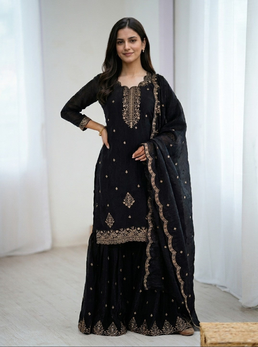 Black Embroidered Kurta Sharara Set with Dupatta | Heavy Crunchy Silk Festive Wear | Designer Ethnic Suit for Women