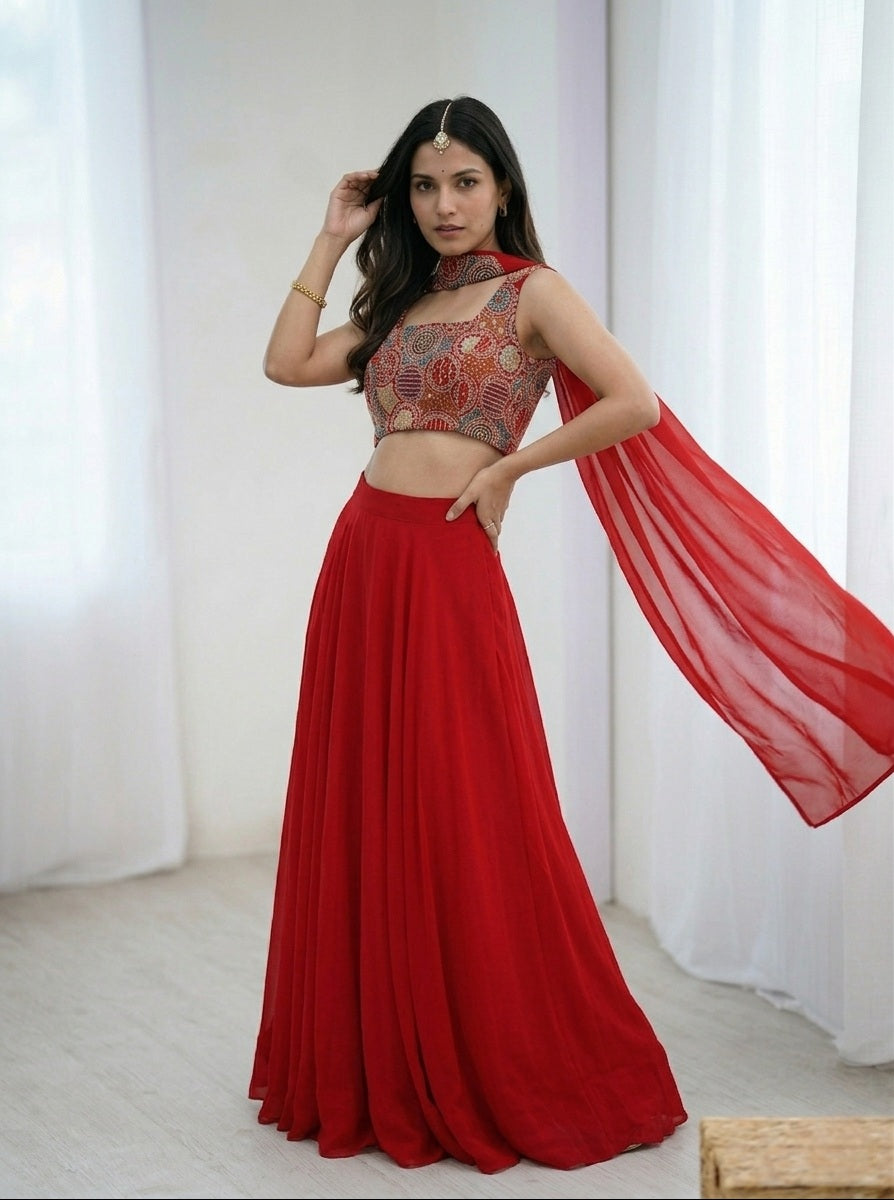 Georgette Lehenga Choli with Embroidered Blouse & Dupatta | Festive & Haldi Special Outfit