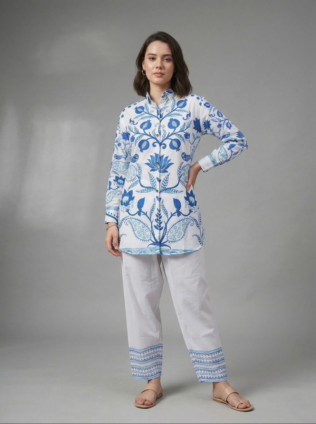 Women White & Blue Printed Rayon Slub Co-Ord Set | Stylish Kurta Pant Set for Office & Casual Wear