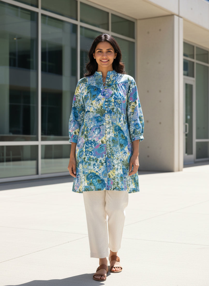 Women Blue Floral Printed Cotton Kurti | 3/4th Sleeve Straight Fit Ethnic Kurta for Daily Wear, Office Wear & Summer Casual Outfit (1 Piece)