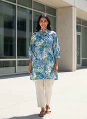 Women Blue Floral Printed Cotton Kurti | 3/4th Sleeve Straight Fit Ethnic Kurta for Daily Wear, Office Wear & Summer Casual Outfit (1 Piece)