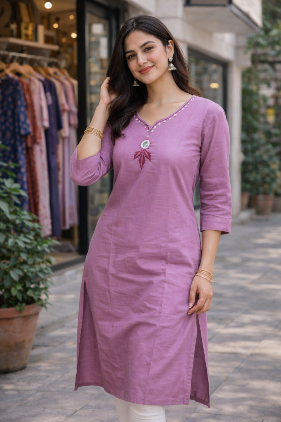 Women's Mauve Solid Straight Kurti with Embroidered Neck | Elegant Ethnic Kurta for Women | Casual & Office Wear Stylish Kurti