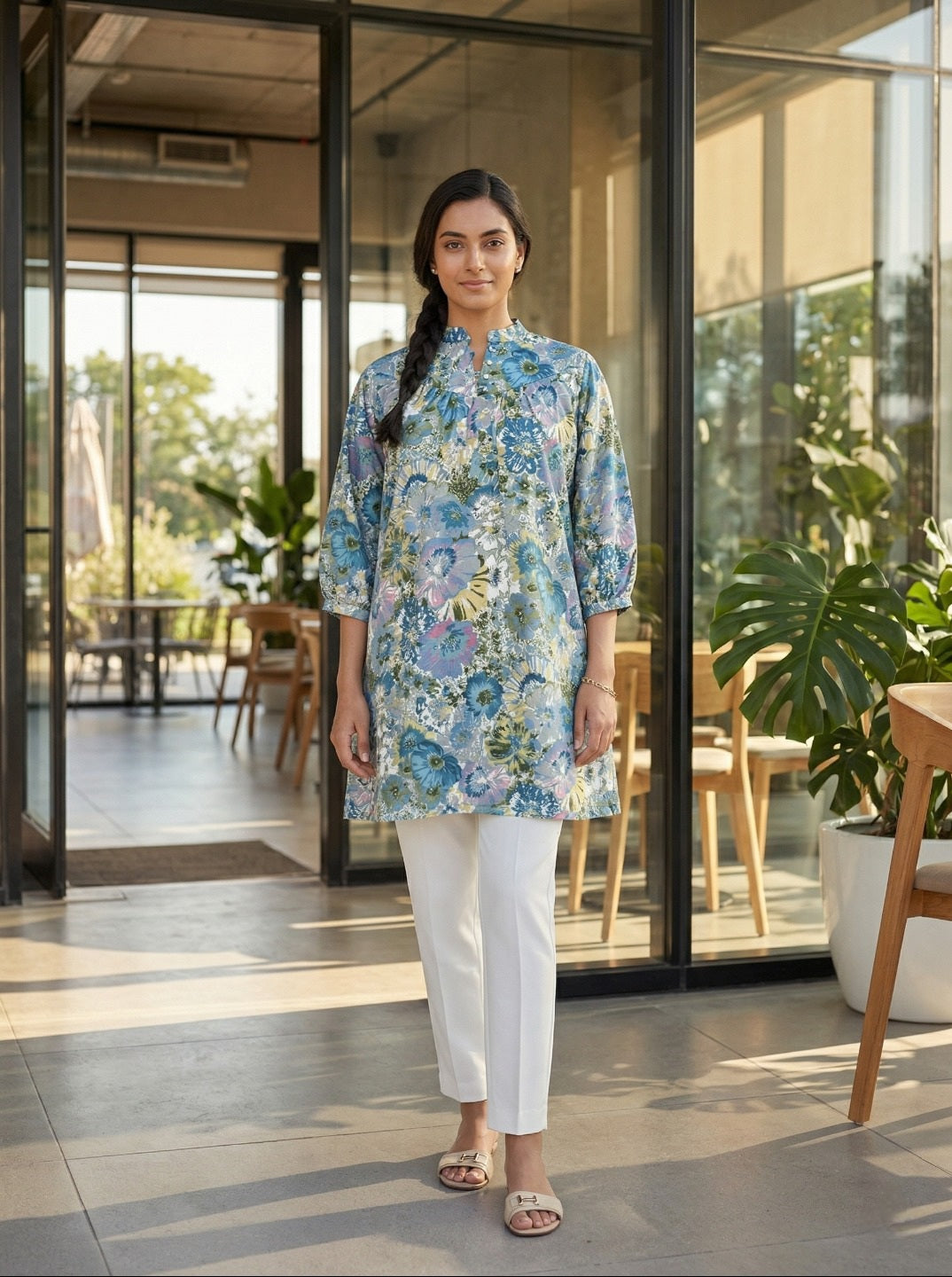 Women Floral Printed Cotton Kurti | 3/4th Sleeve Straight Fit Ethnic Kurta for Daily Wear, Office Wear & Summer Casual Outfit (1 Piece)