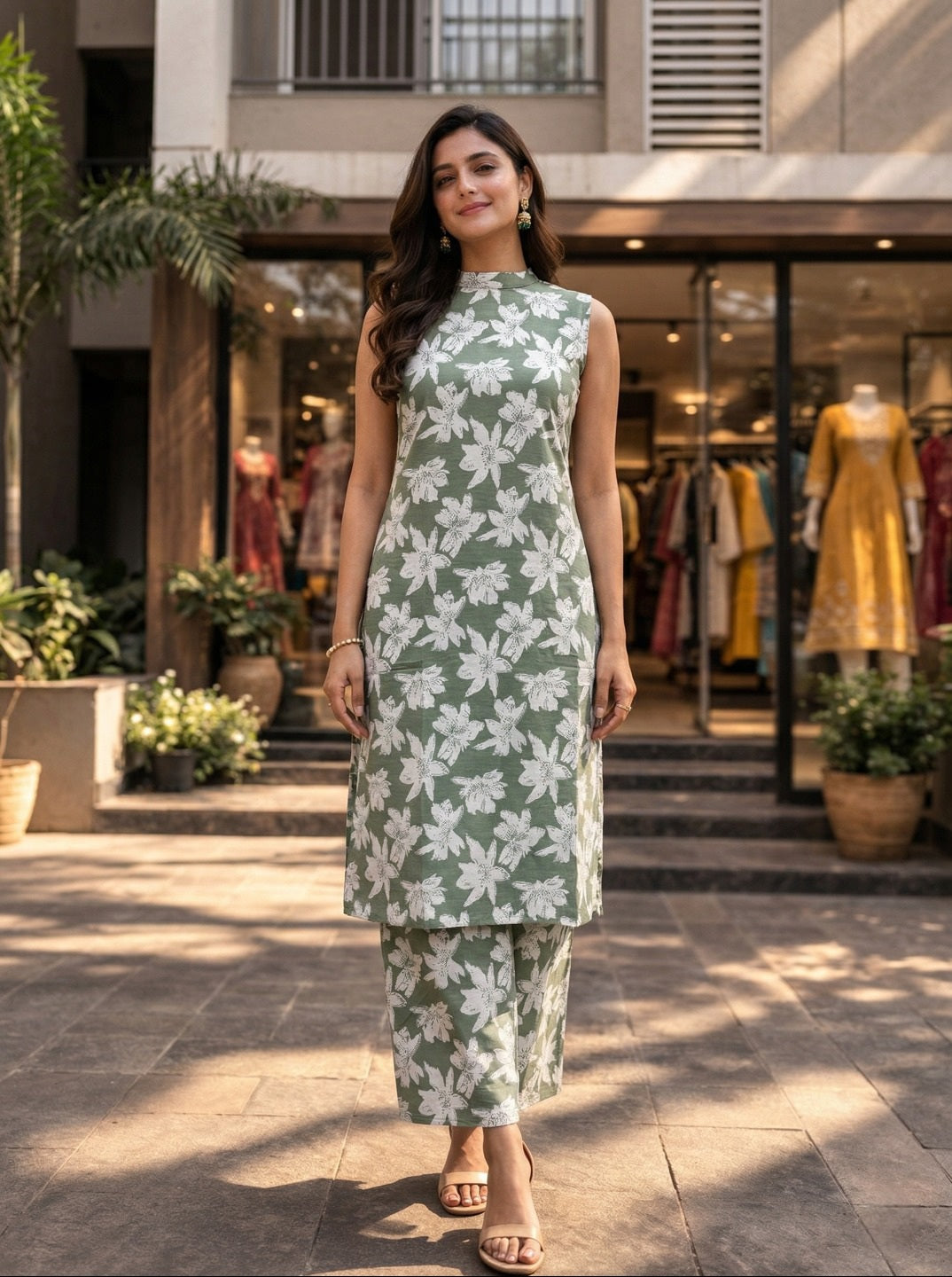 Women Floral Printed 2 Piece Kurta Set with Pants | Sleeveless Straight Kurti Set | Summer Ethnic Wear for Women
