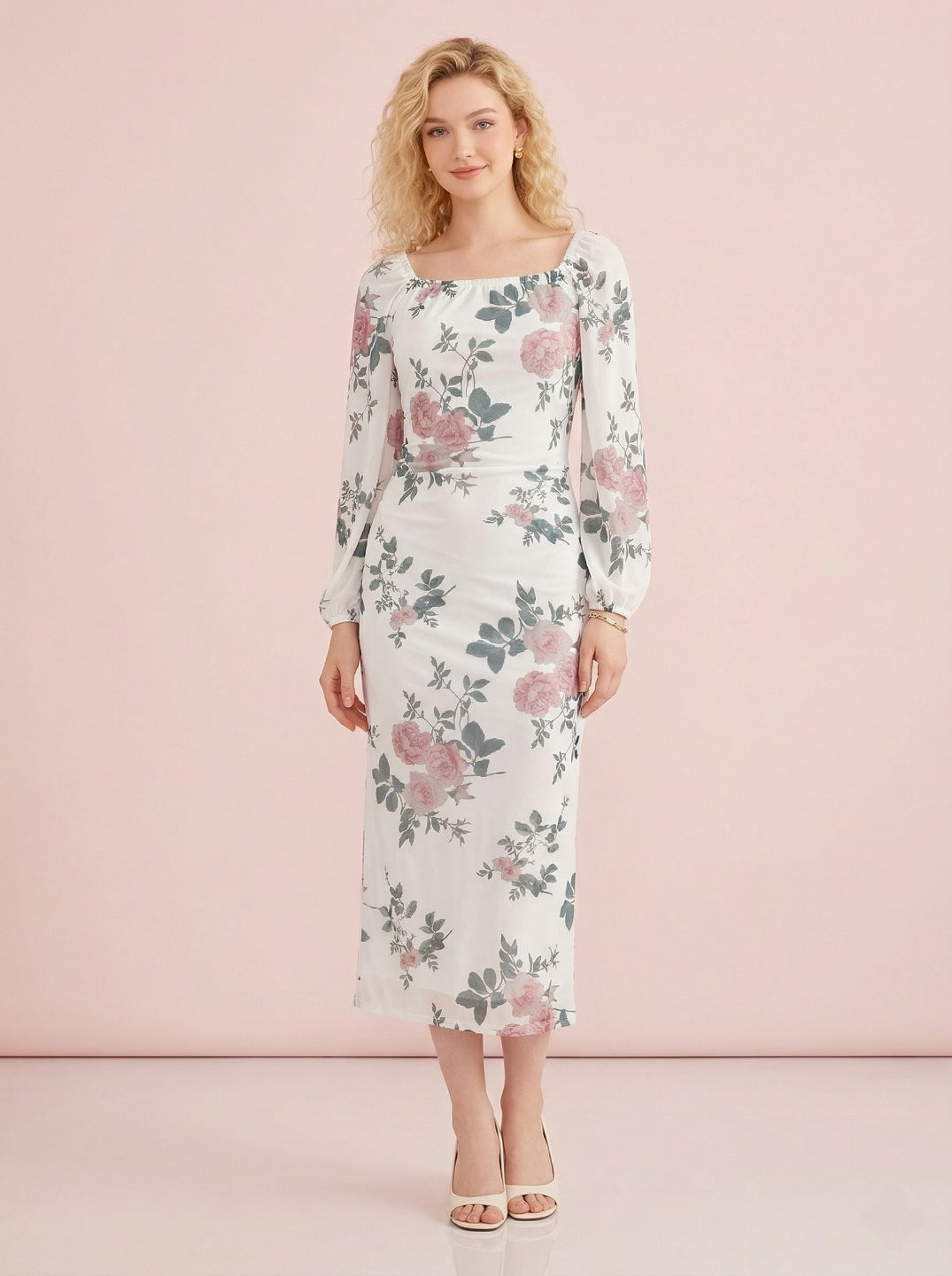 Women White Floral Digital Print Western Dress | Lycra Bodycon Midi Dress for Party & Casual Wear