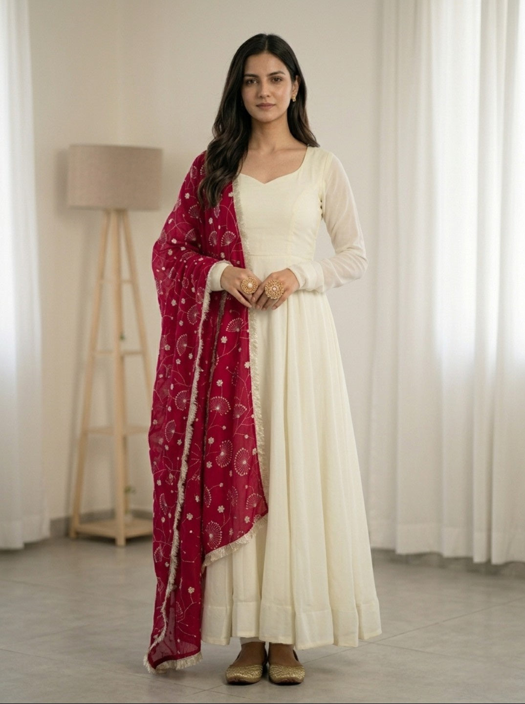 Off White Anarkali Kurta Set with Red Embroidered Dupatta | Vichitra Silk Fully Flared Gown with Pant | Festive & Wedding Wear for Women