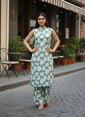 Women Olive Green Floral Printed 2 Piece Kurta Set with Pants | Sleeveless Straight Kurti Set | Summer Ethnic Wear for Women