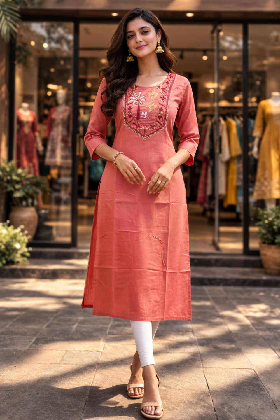 Women's Peach Embroidered Straight Kurti | Elegant Ethnic Kurta for Women | Stylish Daily & Office Wear Kurti