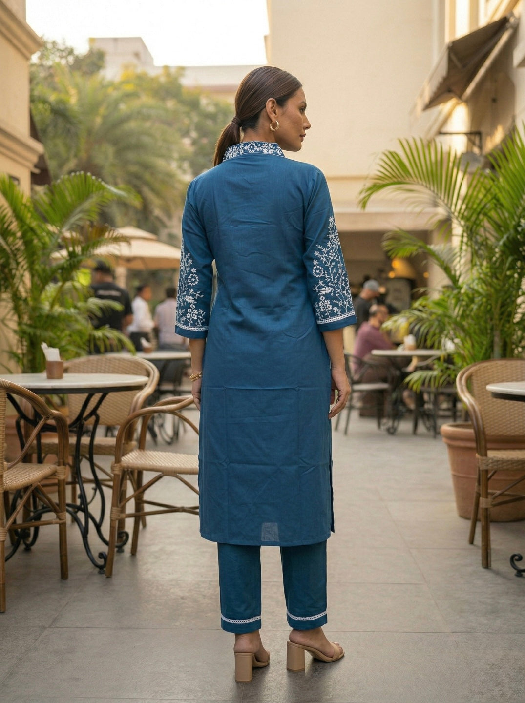 Ethnic Motifs Embroidered Cotton Blend Kurta Set for Women | V-Neck Thread Work Straight Kurta with Trousers