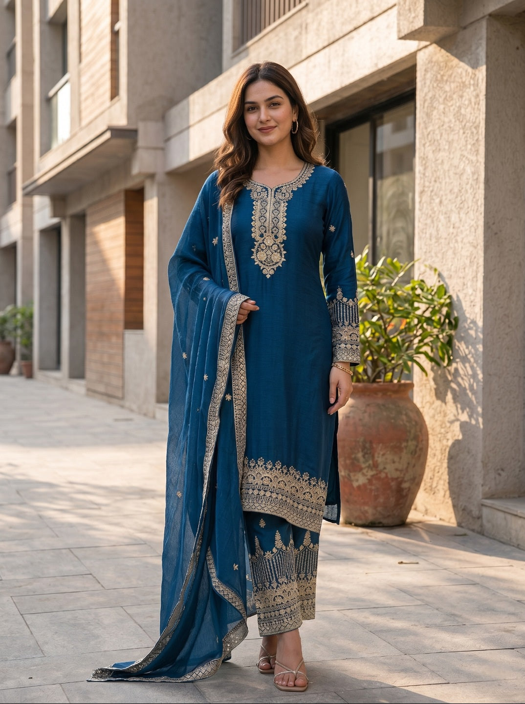 Blue Pure Chinon Silk Embroidered Straight Kurta Set with Dupatta & Trousers | Festive & Ethnic Wear for Women