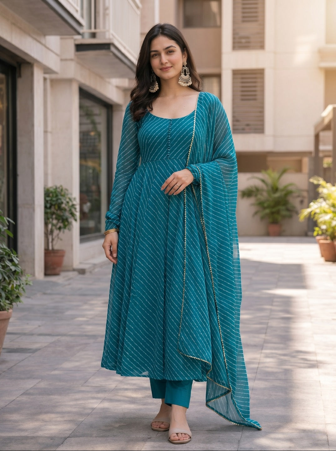 premium Laheriya Print Anarkali Suit Set with Dupatta | Designer Fox Georgette Flared Kurta Set for Women