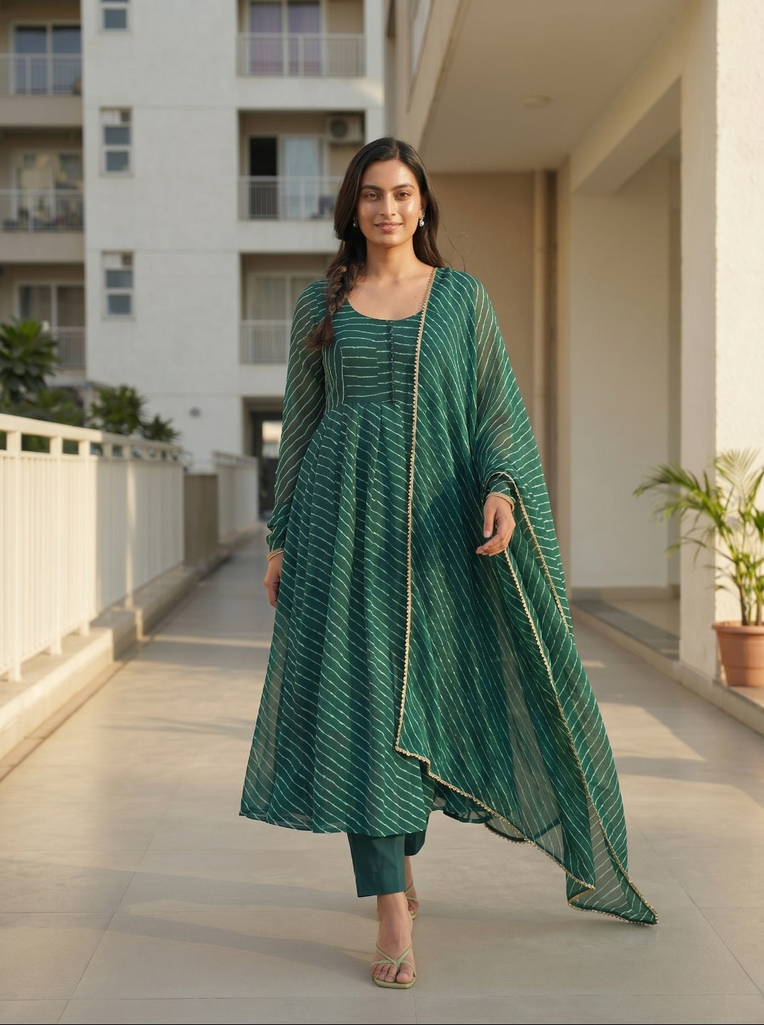 premium Laheriya Print Anarkali Suit Set with Dupatta | Designer Fox Georgette Flared Kurta Set for Women