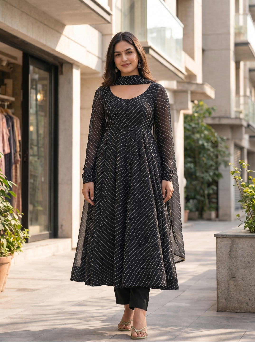 classic Laheriya Print Anarkali Suit Set with Dupatta | Elegant Fox Georgette Party Wear Ethnic Set