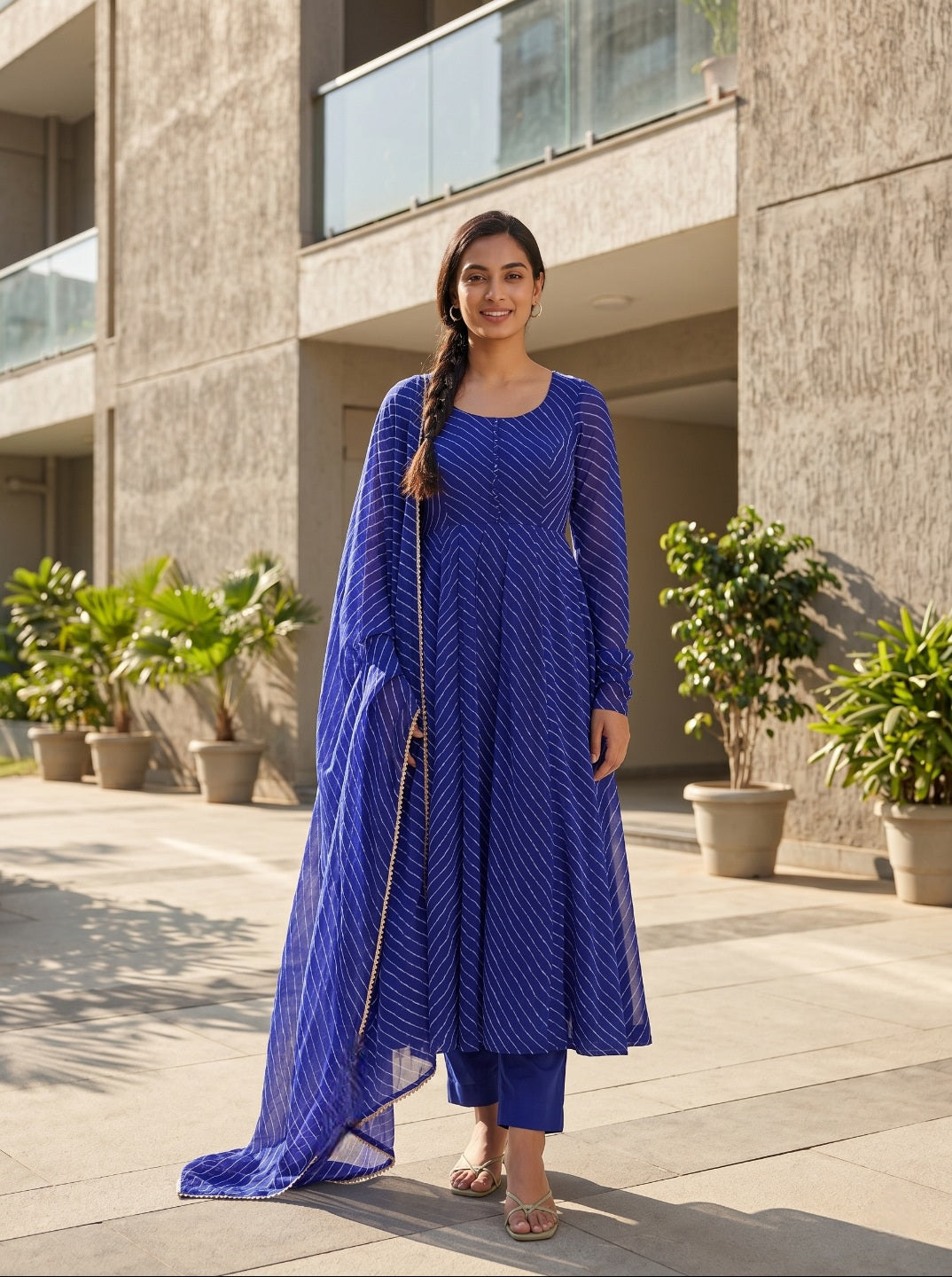 Premium Laheriya Print Anarkali Suit Set with Dupatta & Pant | Premium Fox Georgette Fully Flared Ethnic Wear