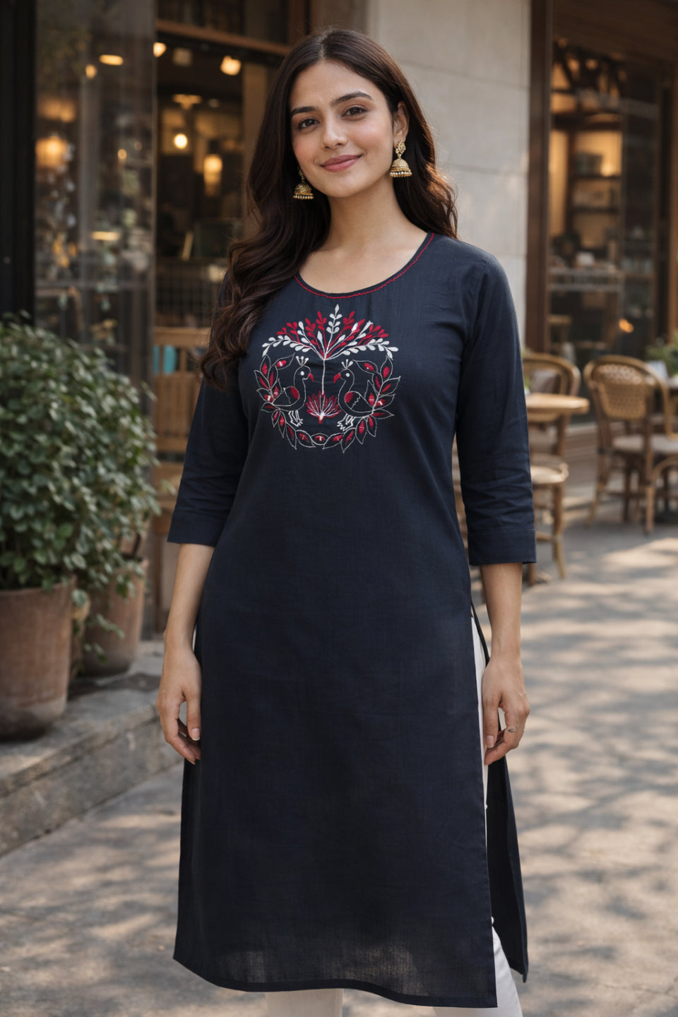 Women's Navy Blue Embroidered Straight Kurti | Elegant Ethnic Kurta for Women | Stylish Casual & Office Wear Kurti