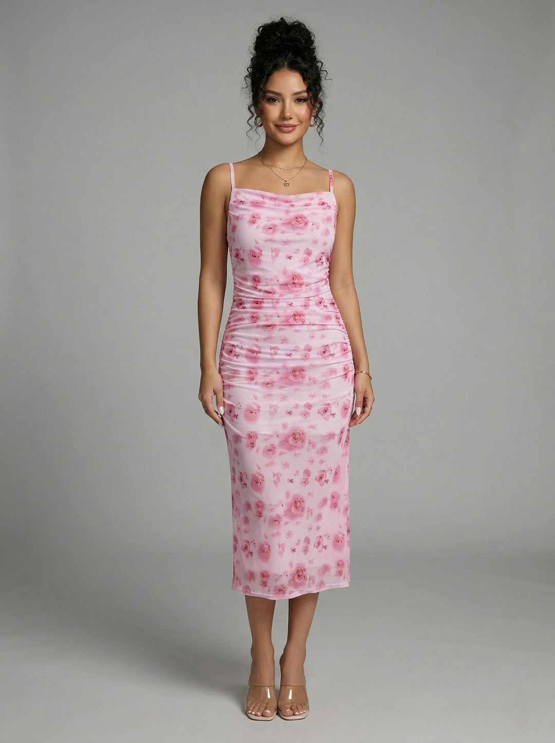 Women Pink Floral Bodycon Midi Dress | Digital Print Lycra Western Dress for Party & Date Wear