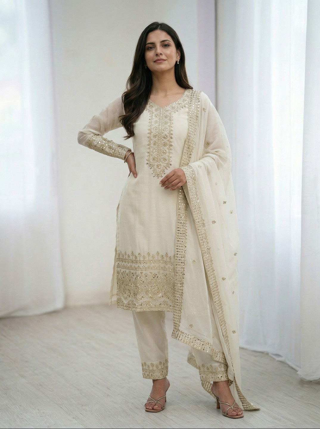 Off White Chinon Silk Embroidered Kurta Set with Dupatta | Straight Fit Ethnic Suit for Women | Festive & Party Wear