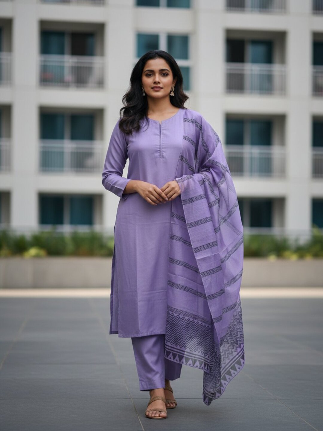 Purple 3 Piece Kurta Set for Women with Printed Dupatta | Elegant Straight Kurti Pant Set | Office Wear, Festive Wear & Daily Wear Ethnic Suit