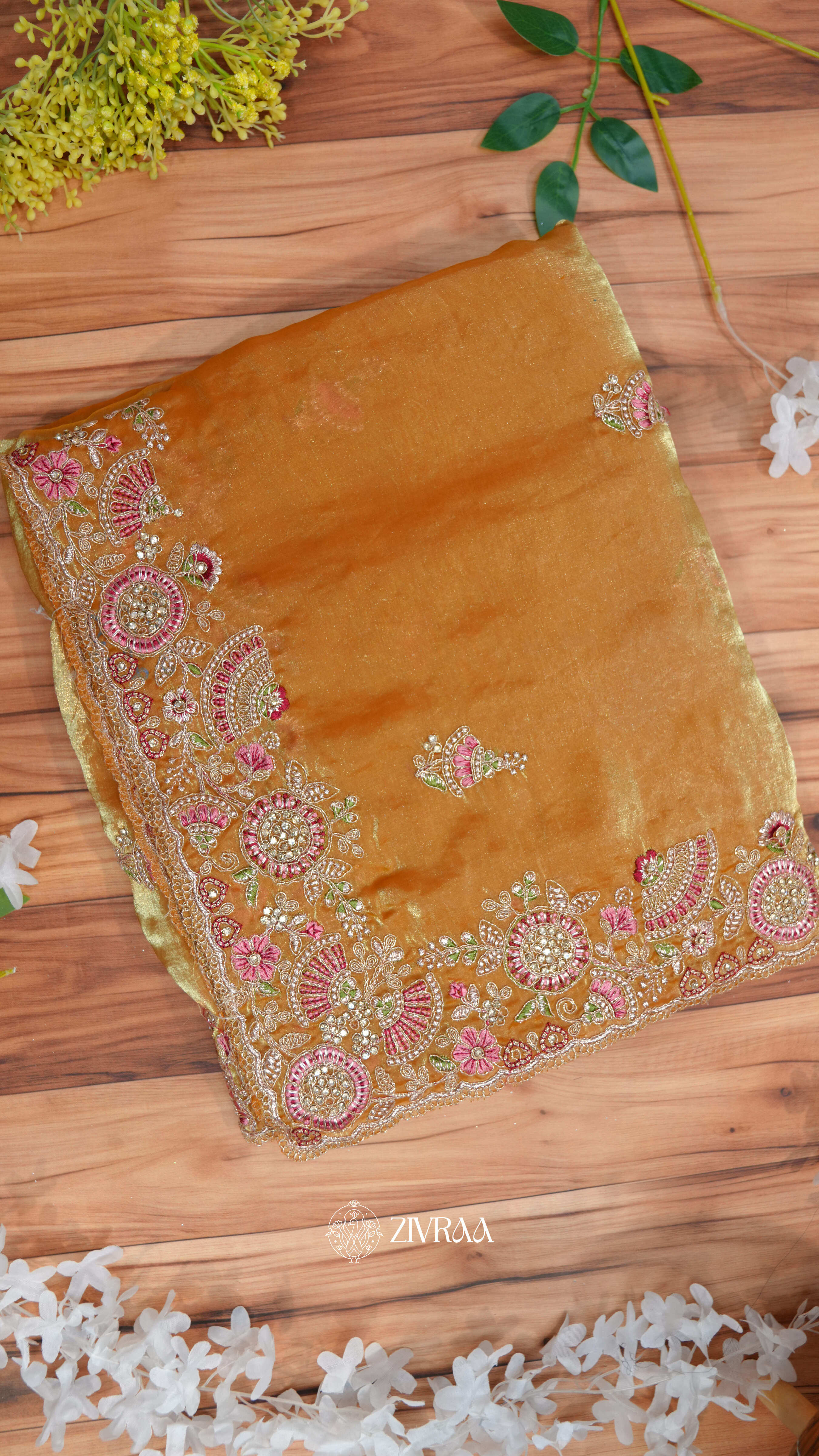 Mustard Golden Silk Saree with Heavy Floral Embroidered Border & Zari Work