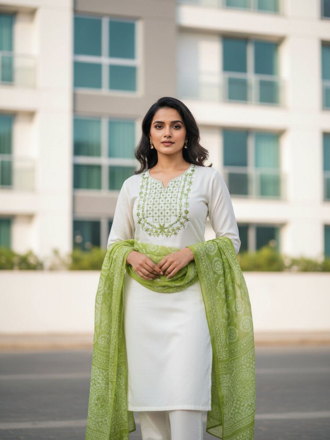 Off White & Olive Green 3 Piece Kurta Set for Women with Dupatta | Elegant Embroidered Kurti Pant Set | Festive Wear, Office Wear & Traditional Ethnic Suit