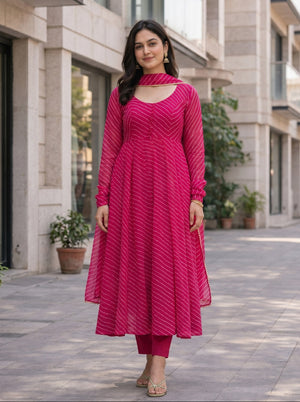 Stylish Laheriya Print Anarkali Suit Set with Dupatta & Pants | Pure Fox Georgette Festive Wear