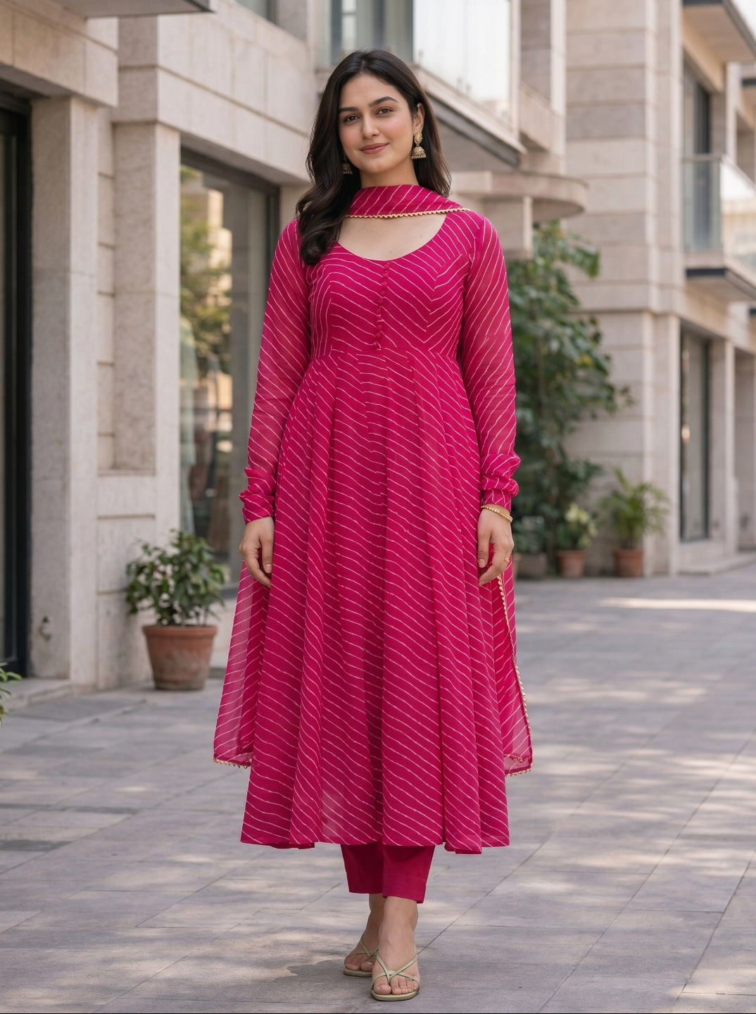 Stylish Laheriya Print Anarkali Suit Set with Dupatta & Pants | Pure Fox Georgette Festive Wear