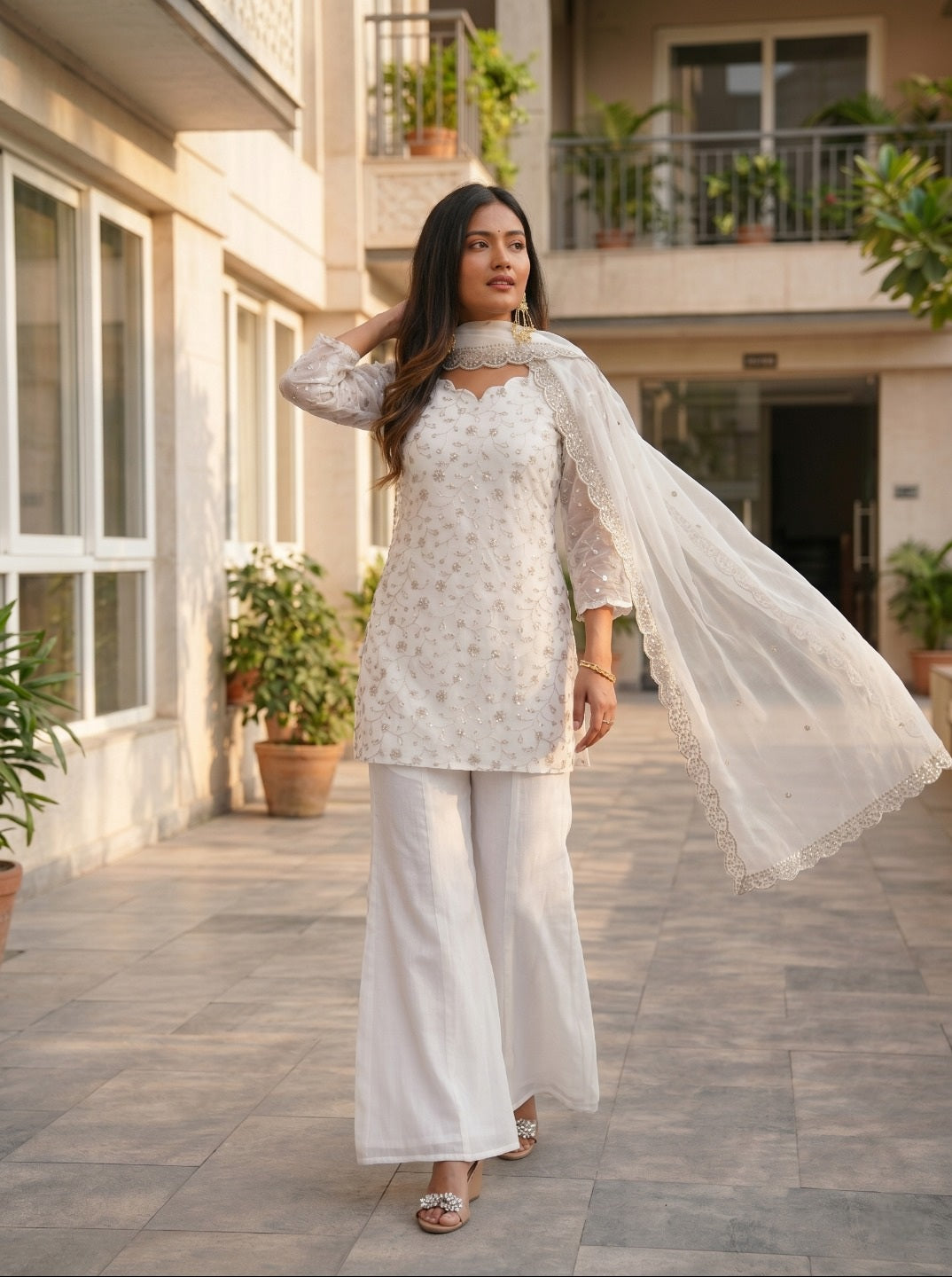 Elegant White Crunchy Silk Kurta Set with Dupatta | Ethnic Festive Wear for Women