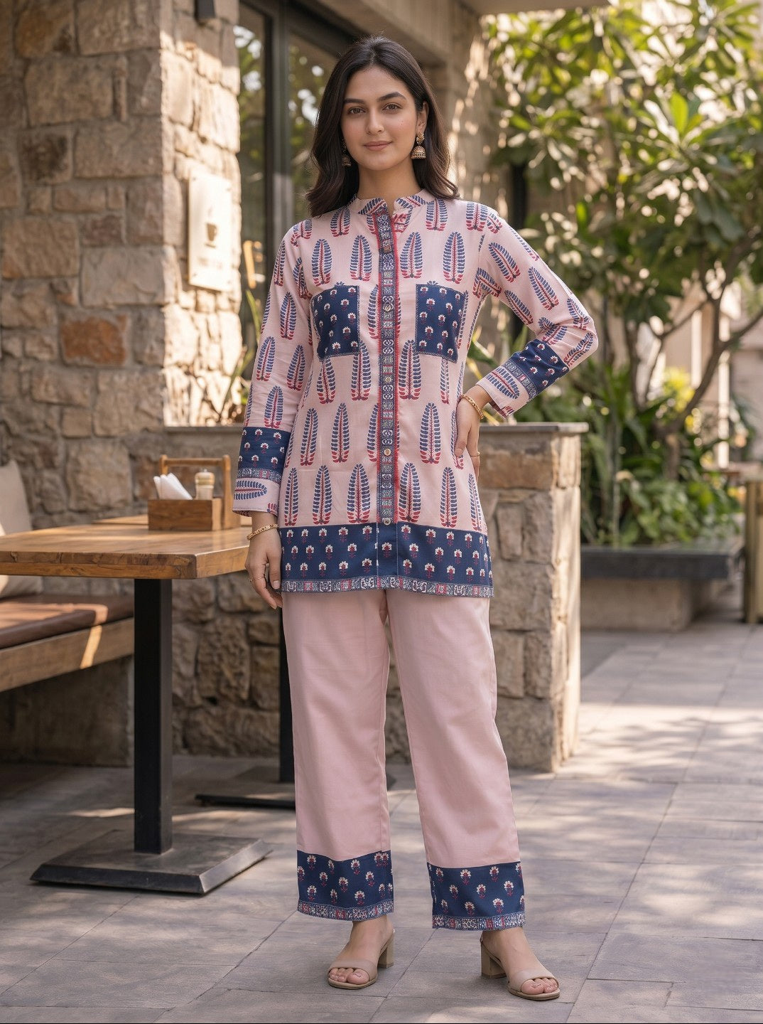 Peach Printed Rayon Slub Co-Ord Set for Women | Ethnic Casual Kurta & Pant Set | Straight Fit Stylish Co-Ord Set