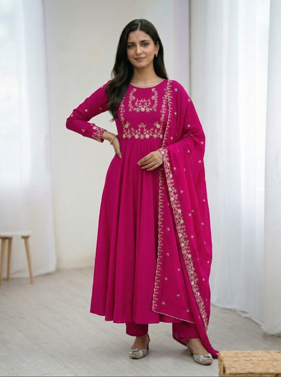 Dark Pink Anarkali Kurta Set with Dupatta & Pant | Roman Chanderi Silk Fully Flared Ethnic Wear for Women | Festive & Wedding Collection