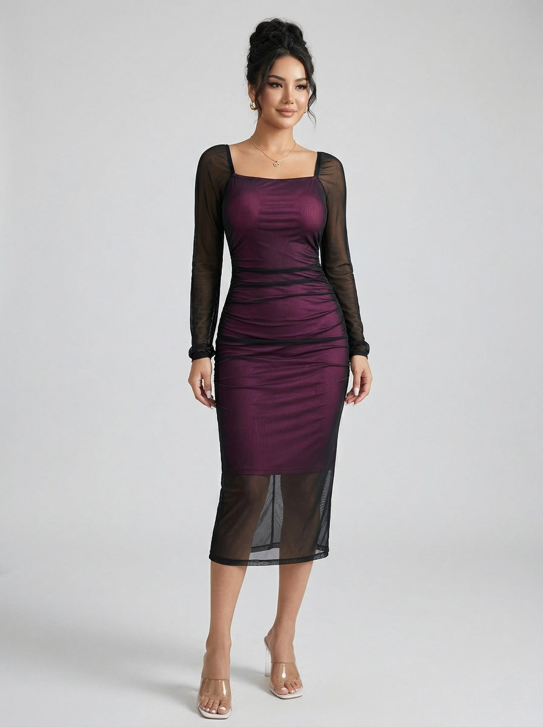 Black & Wine Bodycon Western Dress for Women | Lycra Stretch Party Wear Midi Dress