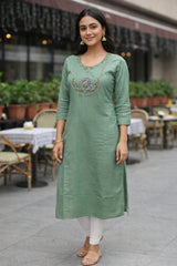 Women's Sage Green Embroidered Straight Kurti | Elegant Ethnic Kurta for Women | Stylish Casual & Office Wear Kurti