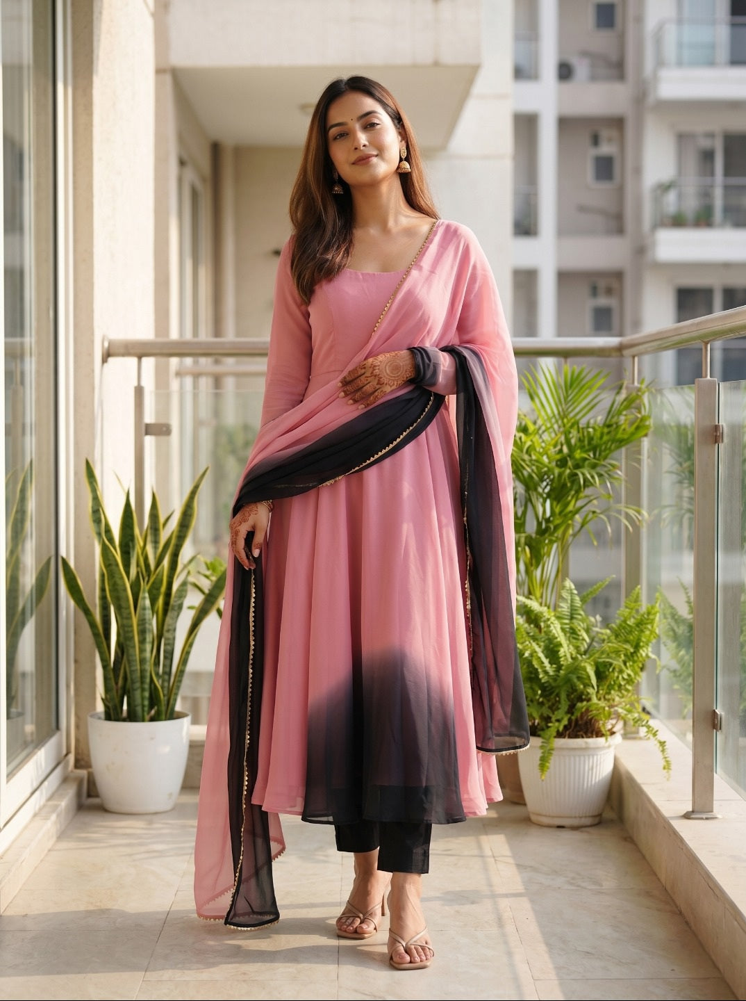 Women Stylish Georgette Fully Flared Anarkali Kurta Set with Dupatta & Pants