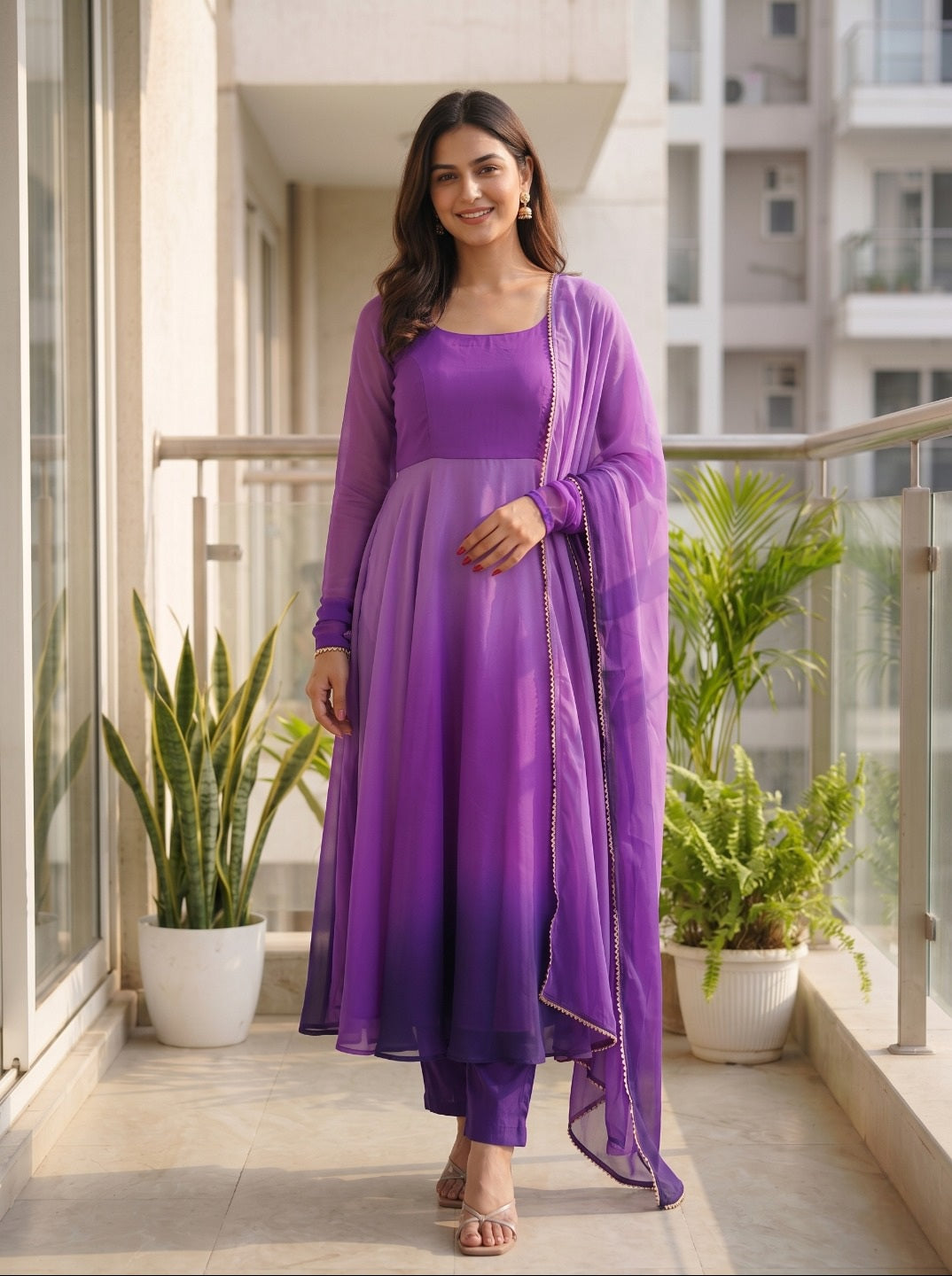 Women Fox Georgette Fully Flared Anarkali Kurta Set with Dupatta & Pants