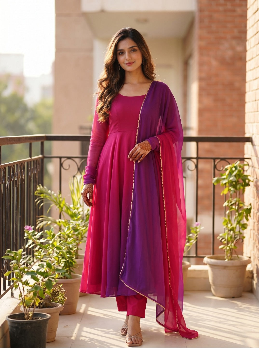 Women Georgette Fully Flared Anarkali Kurta Set with Dupatta & Pants