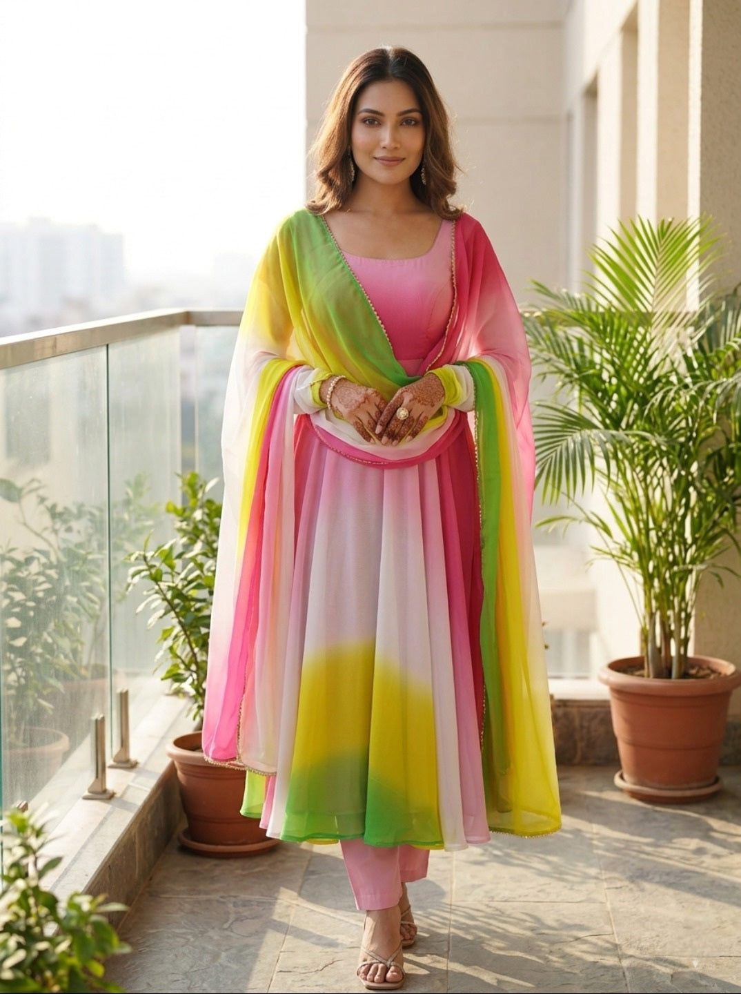 Women Pure Fox Georgette Fully Flared Anarkali Kurta Set with Dupatta & Pants