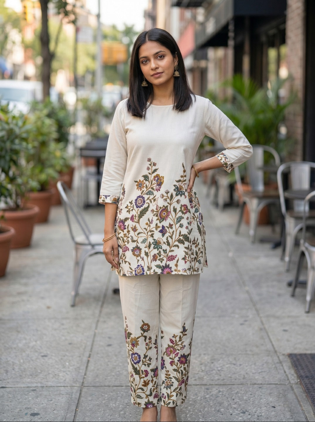 Women Off-White Floral Printed Khadi Cotton Co-Ord Set with Straight Kurta & Trousers