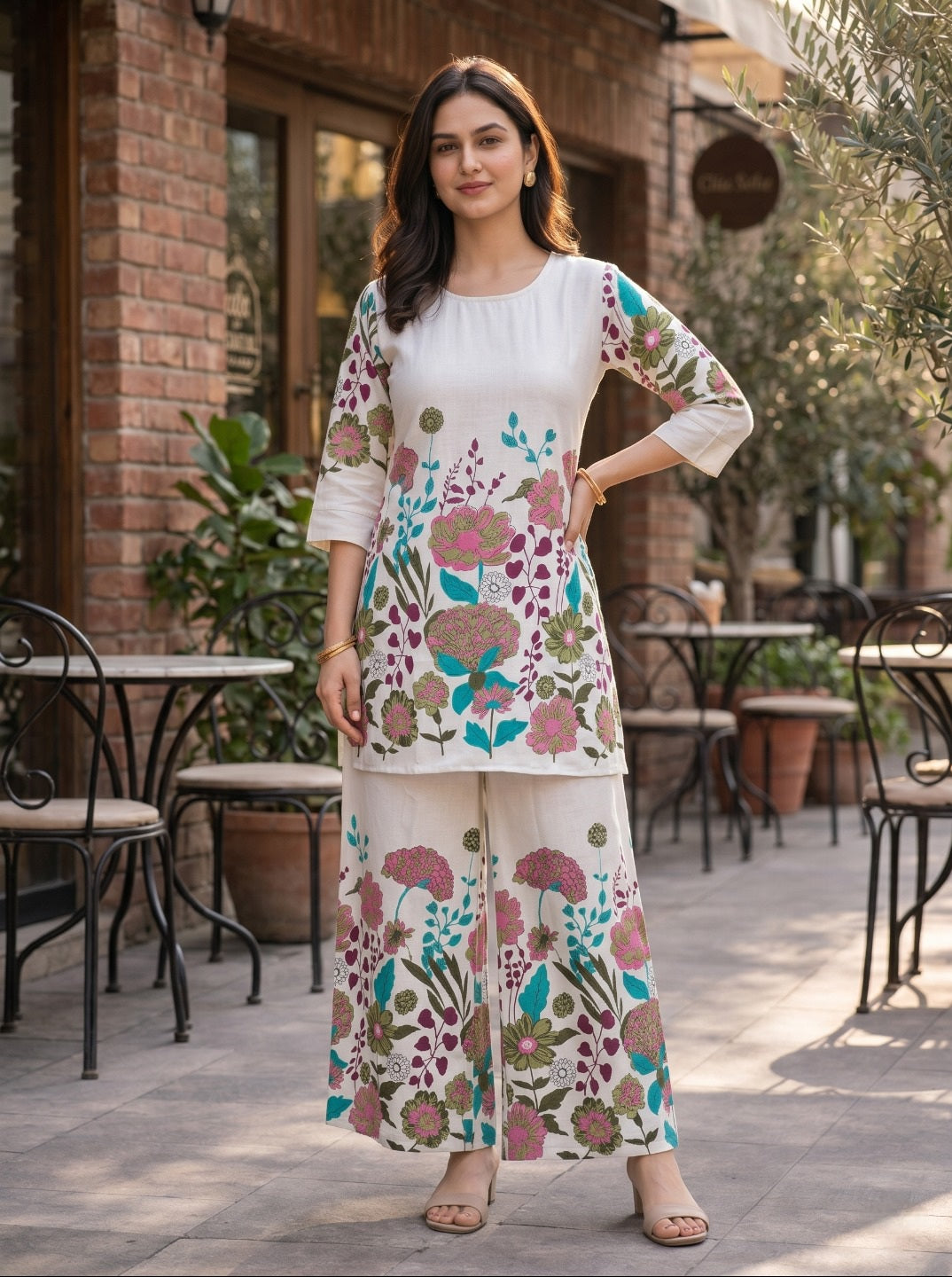 Women Off-White Multicolor Floral Printed Khadi Cotton Co-Ord Set with Straight Kurta & Trousers