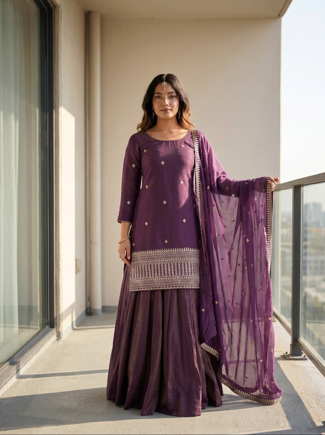 Purple Roman Shimmer Chanderi Silk Embroidered Kurta Sharara Set With Dupatta | Festive Ethnic Wear For Women